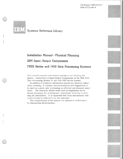 IBM GC22-6681-4 1410 7000 Series IO Components Physical Planning  IBM 1410 GC22-6681-4_1410_7000_Series_IO_Components_Physical_Planning.pdf