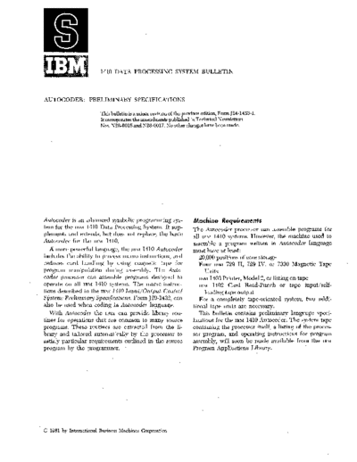 IBM J24-1433-2 1410 Autocoder Preliminary Specifications 1961  IBM 1410 J24-1433-2_1410_Autocoder_Preliminary_Specifications_1961.pdf