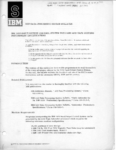 IBM J28-1432-2 1410 IOCS for Card Tape Preliminary Specifications  IBM 1410 J28-1432-2_1410_IOCS_for_Card_Tape_Preliminary_Specifications.pdf