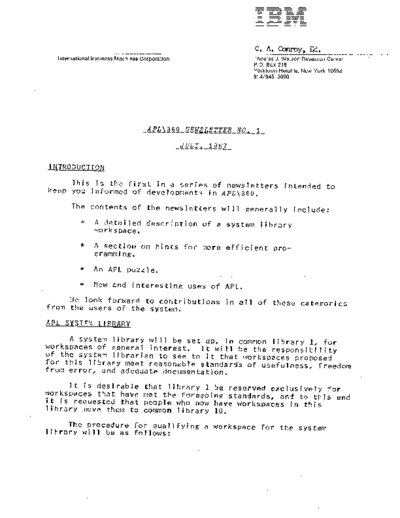 IBM APL Newsletter 1 Jul67  IBM apl APL_Newsletter_1_Jul67.pdf