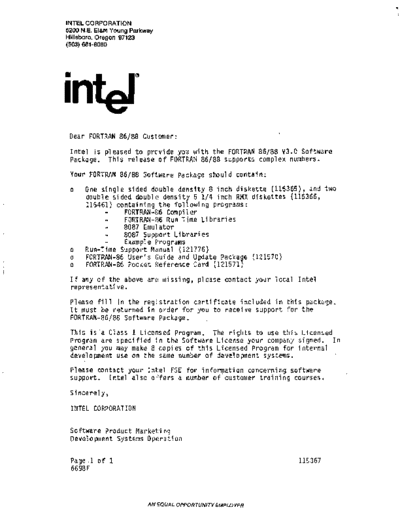 Intel 115367 Fortran-86 V3.0 Release Letter  Intel ISIS_II 115367_Fortran-86_V3.0_Release_Letter.pdf