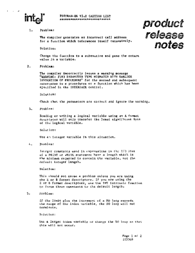 Intel 115368 Fortran-86 V3.0 Release Notes  Intel ISIS_II 115368_Fortran-86_V3.0_Release_Notes.pdf