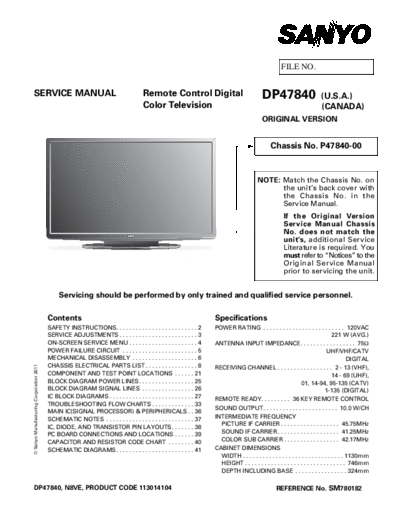 Sanyo Sanyo DP47840 P47840-00 N8VE [SM]  Sanyo Monitor Sanyo_DP47840_P47840-00_N8VE_[SM].pdf