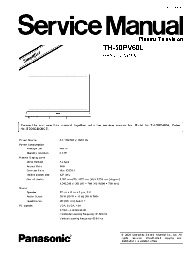 panasonic Panasonic TH-50PV60L [SM]  panasonic Monitor Panasonic_TH-50PV60L_[SM].pdf