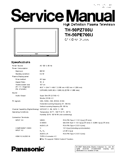 panasonic Panasonic TH-50PZ700U TH-50PE700U [SM]  panasonic Monitor Panasonic_TH-50PZ700U_TH-50PE700U_[SM].pdf