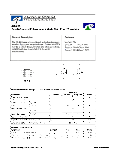 Various AO4850 - Dual N-Channel Enhancement Mode Field Effect Transistor  . Electronic Components Datasheets Various AO4850 - Dual N-Channel Enhancement Mode Field Effect Transistor.pdf