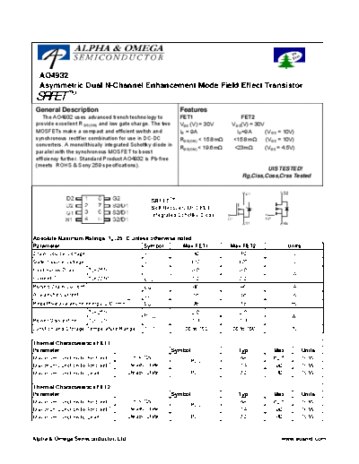 Various AO4932 - Asymmetric Dual N-Channel Enhancement Mode Field Effect Transistor  . Electronic Components Datasheets Various AO4932 - Asymmetric Dual N-Channel Enhancement Mode Field Effect Transistor.pdf