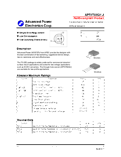 Various AP72T02GH - N-CHANNEL ENHANCEMENT MODE POWER MOSFET  . Electronic Components Datasheets Various AP72T02GH - N-CHANNEL ENHANCEMENT MODE POWER MOSFET.pdf