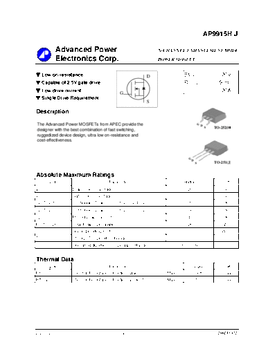 Various AP9915H - N-CHANNEL ENHANCEMENT MODE POWER MOSFET  . Electronic Components Datasheets Various AP9915H - N-CHANNEL ENHANCEMENT MODE POWER MOSFET.pdf