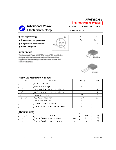 Various AP9T15GH - N-CHANNEL ENHANCEMENT MODE POWER MOSFET  . Electronic Components Datasheets Various AP9T15GH - N-CHANNEL ENHANCEMENT MODE POWER MOSFET.pdf