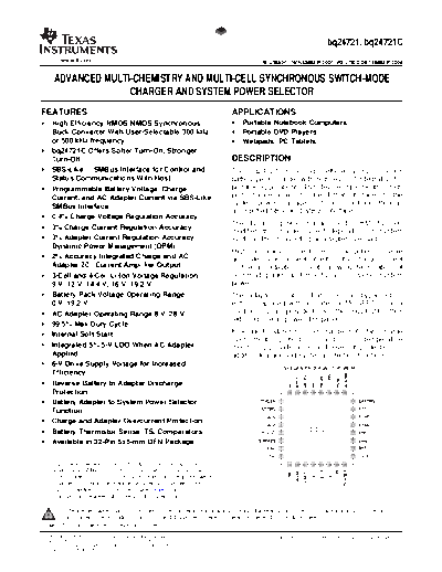 Various BQ24721C - ADVANCED MULTI-CHEMISTRY AND MULTI-CELL SYNCHRONOUS SWITCH-MODE CHARGER AND SYSTEM POWER   . Electronic Components Datasheets Various BQ24721C - ADVANCED MULTI-CHEMISTRY AND MULTI-CELL SYNCHRONOUS SWITCH-MODE CHARGER AND SYSTEM POWER SELECTOR.pdf