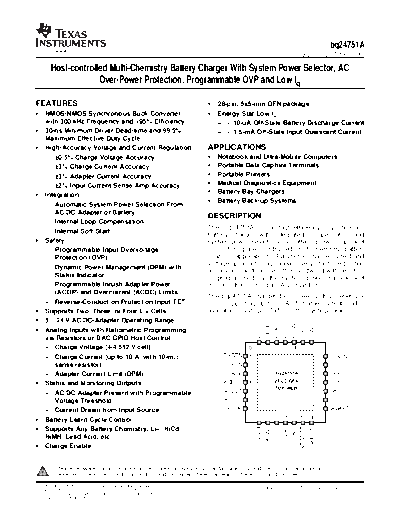 Various BQ24751ARHDR - Host-controlled Multi-Chemistry Battery Charger With System Power Selector, AC Over-P  . Electronic Components Datasheets Various BQ24751ARHDR - Host-controlled Multi-Chemistry Battery Charger With System Power Selector, AC Over-Power Protection, Programmable OVP and Low Iq - Texas Instruments.pdf