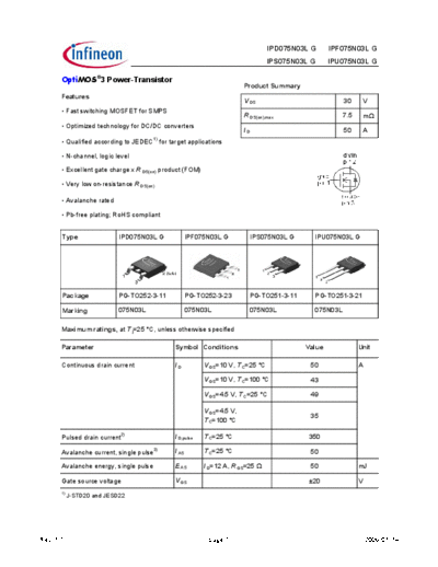 Various IPD075N03LG rev1.1 075N03L  . Electronic Components Datasheets Various IPD075N03LG_rev1.1 075N03L.pdf