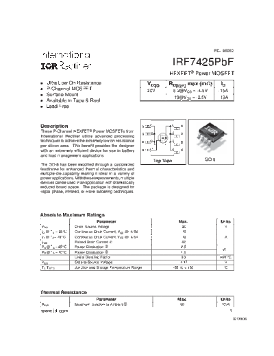 Various IRF7425PBF - P Channel - HEXFET Power MOSFET  . Electronic Components Datasheets Various IRF7425PBF - P Channel - HEXFET Power MOSFET.pdf