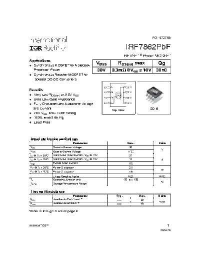 Various IRF7862PbF - N - HEXFET Power MOSFET  . Electronic Components Datasheets Various IRF7862PbF - N - HEXFET Power MOSFET.pdf