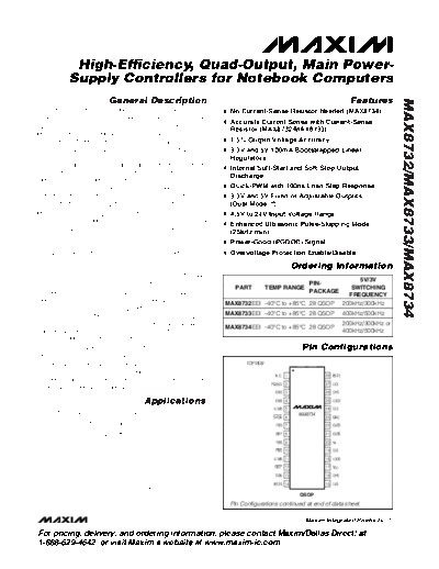 Various MAX8734 - High-Efficiency, Quad-Output, Main Power-Supply Controllers for Notebook Computers  . Electronic Components Datasheets Various MAX8734 - High-Efficiency, Quad-Output, Main Power-Supply Controllers for Notebook Computers.pdf