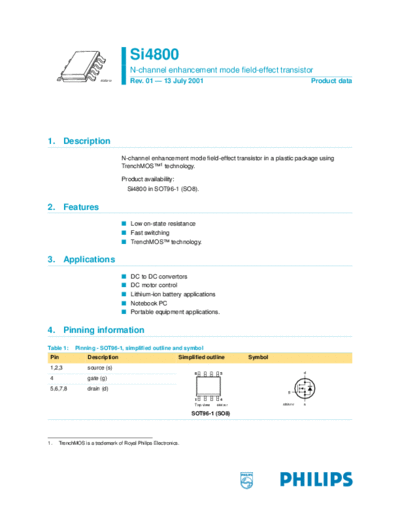 Various SI4800 - N-channel enhancement mode field-effect transistor  . Electronic Components Datasheets Various SI4800 - N-channel enhancement mode field-effect transistor.pdf