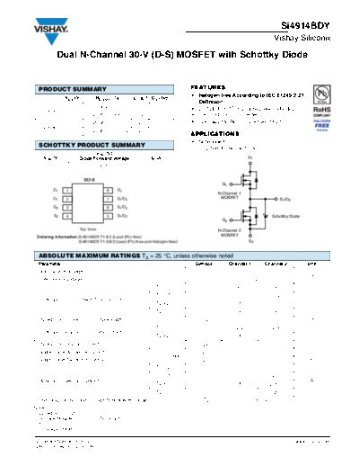 Various SI4914BDY - Dual N-Channel 30-V (D-S) MOSFET with Schottky Diode  . Electronic Components Datasheets Various SI4914BDY - Dual N-Channel 30-V (D-S) MOSFET with Schottky Diode.pdf