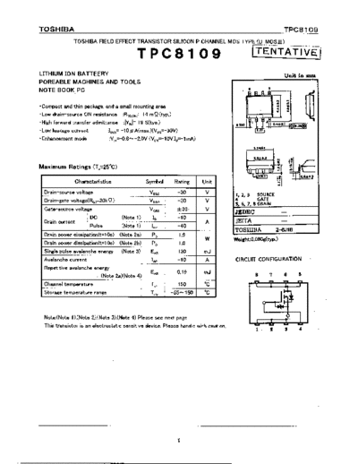 Various TPC8109 - FIELD EFFECT TRANSISTOR SILICON P CHANNEL MOS TYPE  . Electronic Components Datasheets Various TPC8109 - FIELD EFFECT TRANSISTOR SILICON P CHANNEL MOS TYPE.pdf