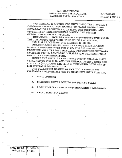 IBM 1130 Mod4 Installation Instructions Mar71  IBM 1130 fe 1130_Mod4_Installation_Instructions_Mar71.pdf