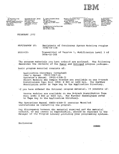 IBM CSMP Version 1 Level 3 Release Notes Feb72  IBM 360 csmp CSMP_Version_1_Level_3_Release_Notes_Feb72.pdf