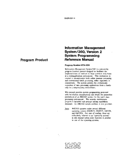IBM SH20-0911-4 IMS-360 Version 2 System Programming Reference Manual Sep74  IBM 360 ims SH20-0911-4_IMS-360_Version_2_System_Programming_Reference_Manual_Sep74.pdf