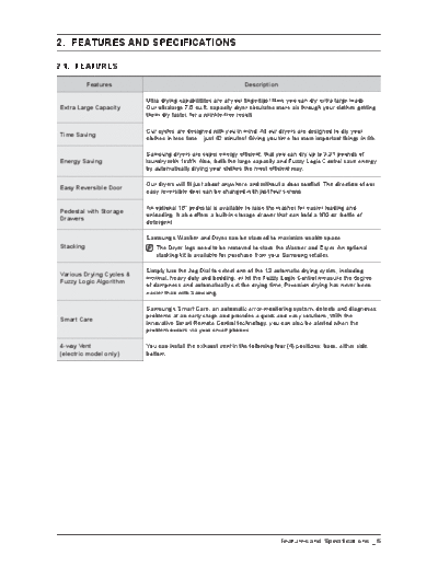 Samsung FEATURES AND SPECIFICATIONS  Samsung Dryer DV42H5000GW_A3 FEATURES_AND_SPECIFICATIONS.pdf