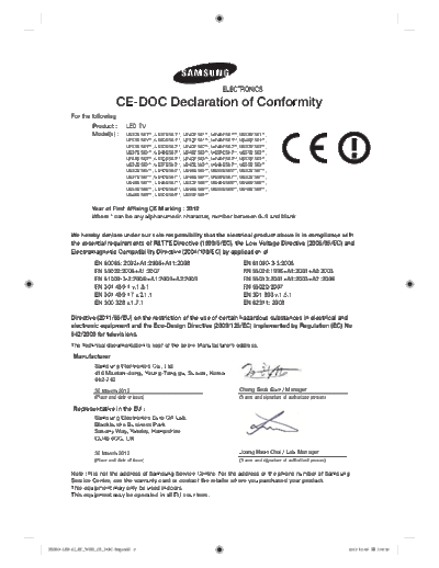 Samsung [EURO-LED-6] BT WIFI CE DOC-Eng-1206  Samsung LED TV UE40ES6540 [EURO-LED-6]_BT_WIFI_CE_DOC-Eng-1206.pdf