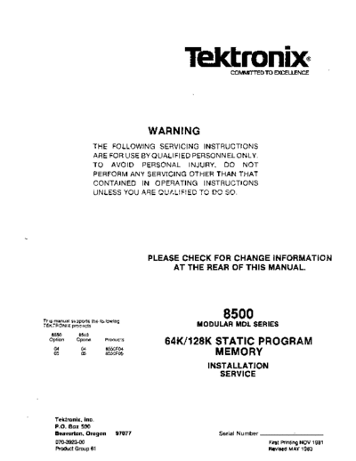 Tektronix 070-3923-00 8500 MDL Series 64K 128K Static Program Memory Svc May83  Tektronix 85xx 8540 070-3923-00_8500_MDL_Series_64K_128K_Static_Program_Memory_Svc_May83.pdf