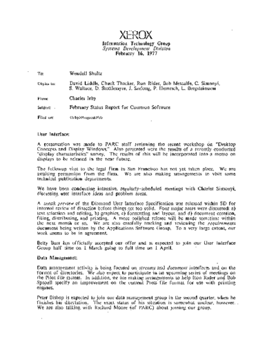 xerox 19770216 February Status Report For Common Software  xerox sdd memos_1977 19770216_February_Status_Report_For_Common_Software.pdf