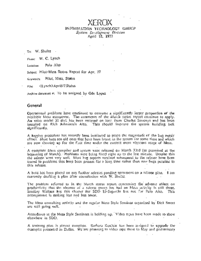 xerox 19770418 Pilot-Mesa Status Report for Apr 77  xerox sdd memos_1977 19770418_Pilot-Mesa_Status_Report_for_Apr_77.pdf