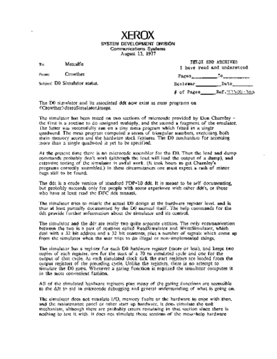 xerox 19770813 D0 Simulator Status  xerox sdd memos_1977 19770813_D0_Simulator_Status.pdf