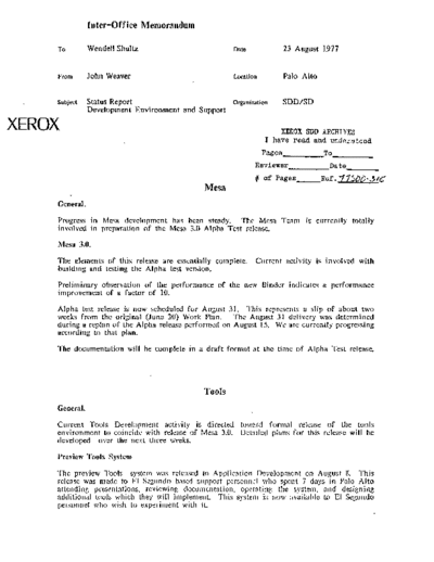 xerox 19770823 Status Report Development Environment And Support  xerox sdd memos_1977 19770823_Status_Report_Development_Environment_And_Support.pdf