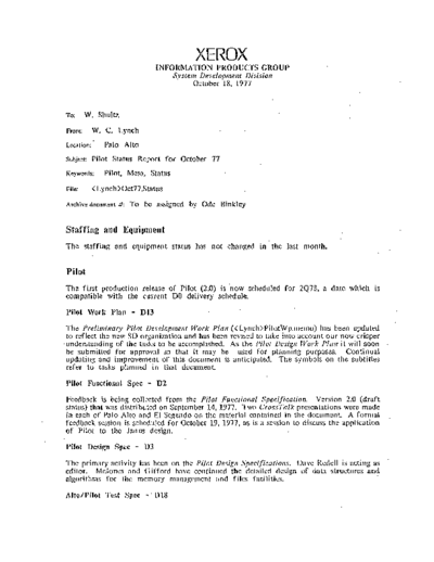 xerox 19771018 Pilot Status Report For October 77  xerox sdd memos_1977 19771018_Pilot_Status_Report_For_October_77.pdf