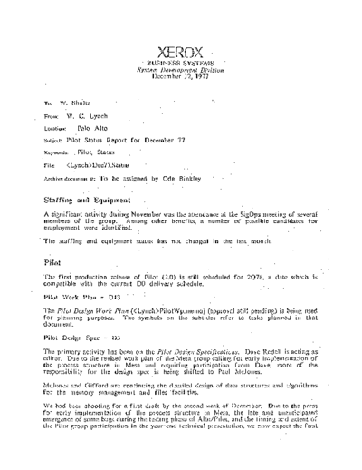 xerox 19771212 Pilot Status Report For December 1977  xerox sdd memos_1977 19771212_Pilot_Status_Report_For_December_1977.pdf