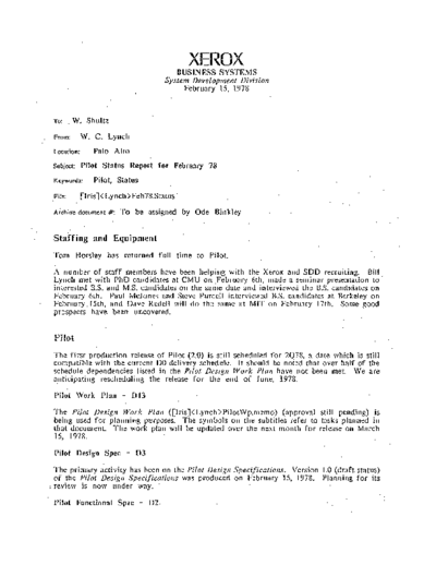 xerox 19780215 Pilot Status Report For February 78  xerox sdd memos_1978 19780215_Pilot_Status_Report_For_February_78.pdf