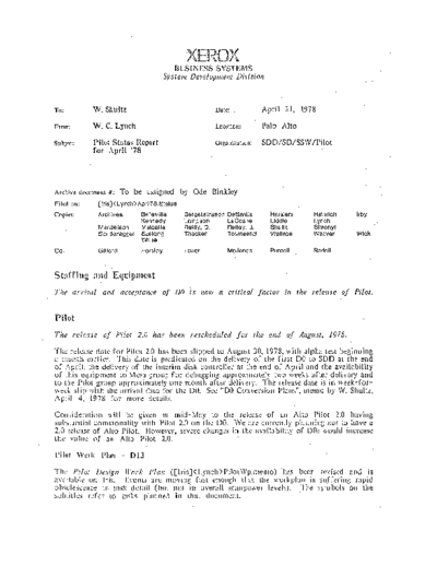 xerox 19780421 Pilot Status Report For April 78  xerox sdd memos_1978 19780421_Pilot_Status_Report_For_April_78.pdf