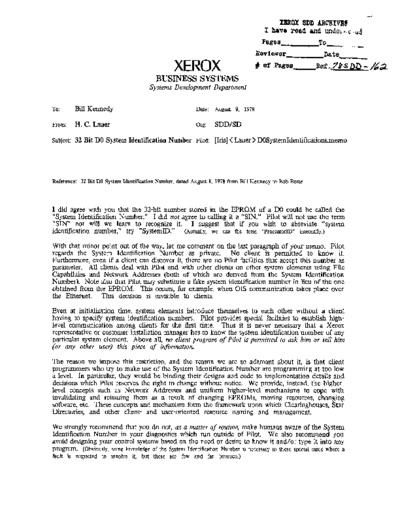 xerox 19780809 32 Bit D0 System Identification Number  xerox sdd memos_1978 19780809_32_Bit_D0_System_Identification_Number.pdf