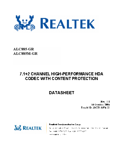 ALC 885 DataSheet 1.1  . Electronic Components Datasheets Various ALC ALC885_DataSheet_1.1.pdf