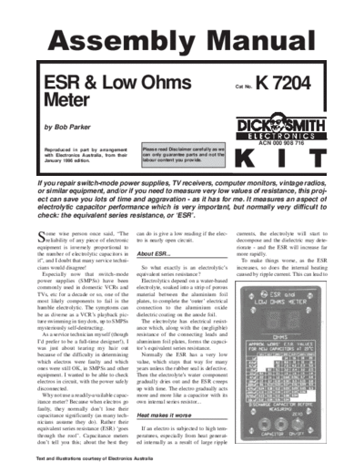 . Various k7204 - ESR & Low Ohms Meter  . Various Div Electronic Info Test Equipment Plans k7204 - ESR & Low Ohms Meter.pdf
