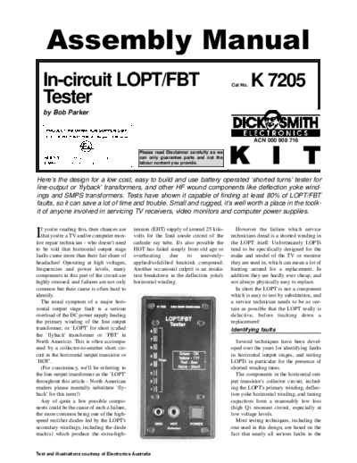 . Various k7205 - In-circuit LOPT-FBT Tester  . Various Div Electronic Info Test Equipment Plans k7205 - In-circuit LOPT-FBT Tester.pdf