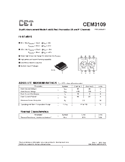 CET cem3109  . Electronic Components Datasheets Active components Transistors CET cem3109.pdf