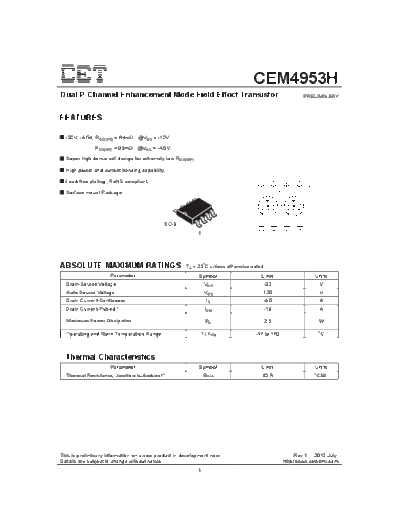 CET cem4953h  . Electronic Components Datasheets Active components Transistors CET cem4953h.pdf