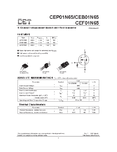 CET cep01n65 ceb01n65 cef01n65  . Electronic Components Datasheets Active components Transistors CET cep01n65_ceb01n65_cef01n65.pdf