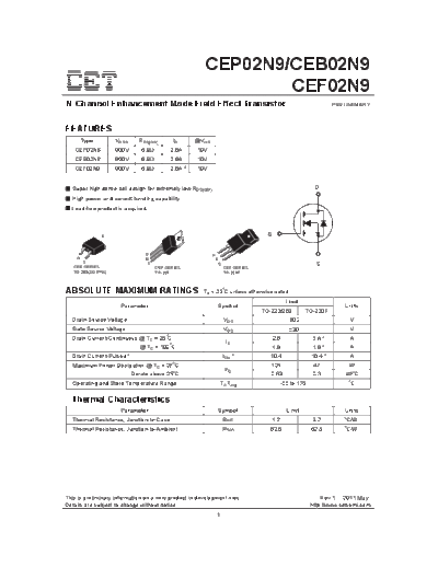 . Electronic Components Datasheets cep02n9 ceb02n9 cef02n9  . Electronic Components Datasheets Active components Transistors CET cep02n9_ceb02n9_cef02n9.pdf