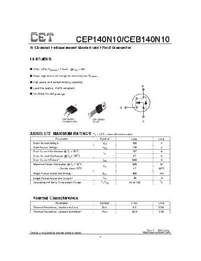 CET cep140n10 ceb140n10  . Electronic Components Datasheets Active components Transistors CET cep140n10_ceb140n10.pdf