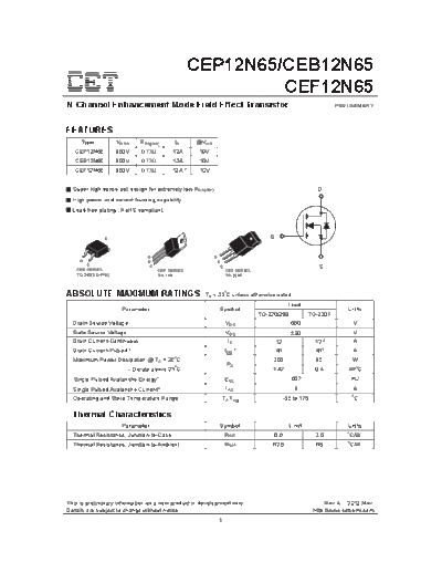 CET cep12n65 ceb12n65 cef12n65  . Electronic Components Datasheets Active components Transistors CET cep12n65_ceb12n65_cef12n65.pdf