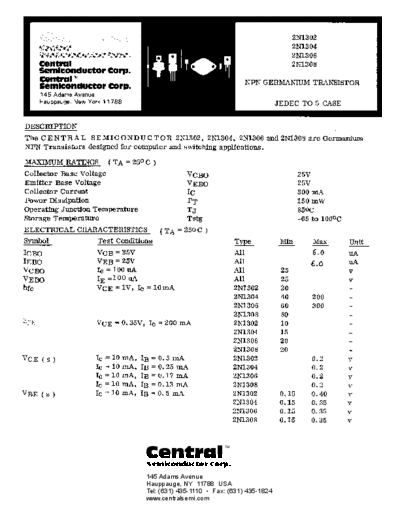 Central 2n1302 2n1304 2n1306 2n1308  . Electronic Components Datasheets Active components Transistors Central 2n1302_2n1304_2n1306_2n1308.pdf