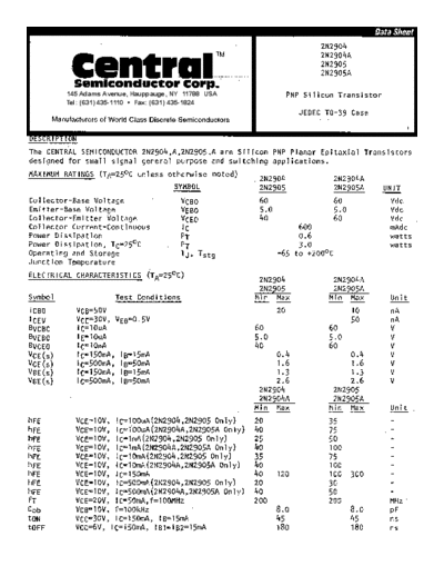 Central 2n2904-a 2n2905-a  . Electronic Components Datasheets Active components Transistors Central 2n2904-a_2n2905-a.pdf