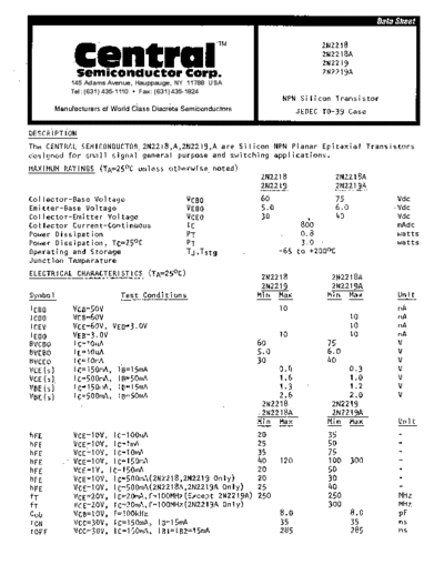 Central 2n2218-a 2n2219-a  . Electronic Components Datasheets Active components Transistors Central 2n2218-a_2n2219-a.pdf